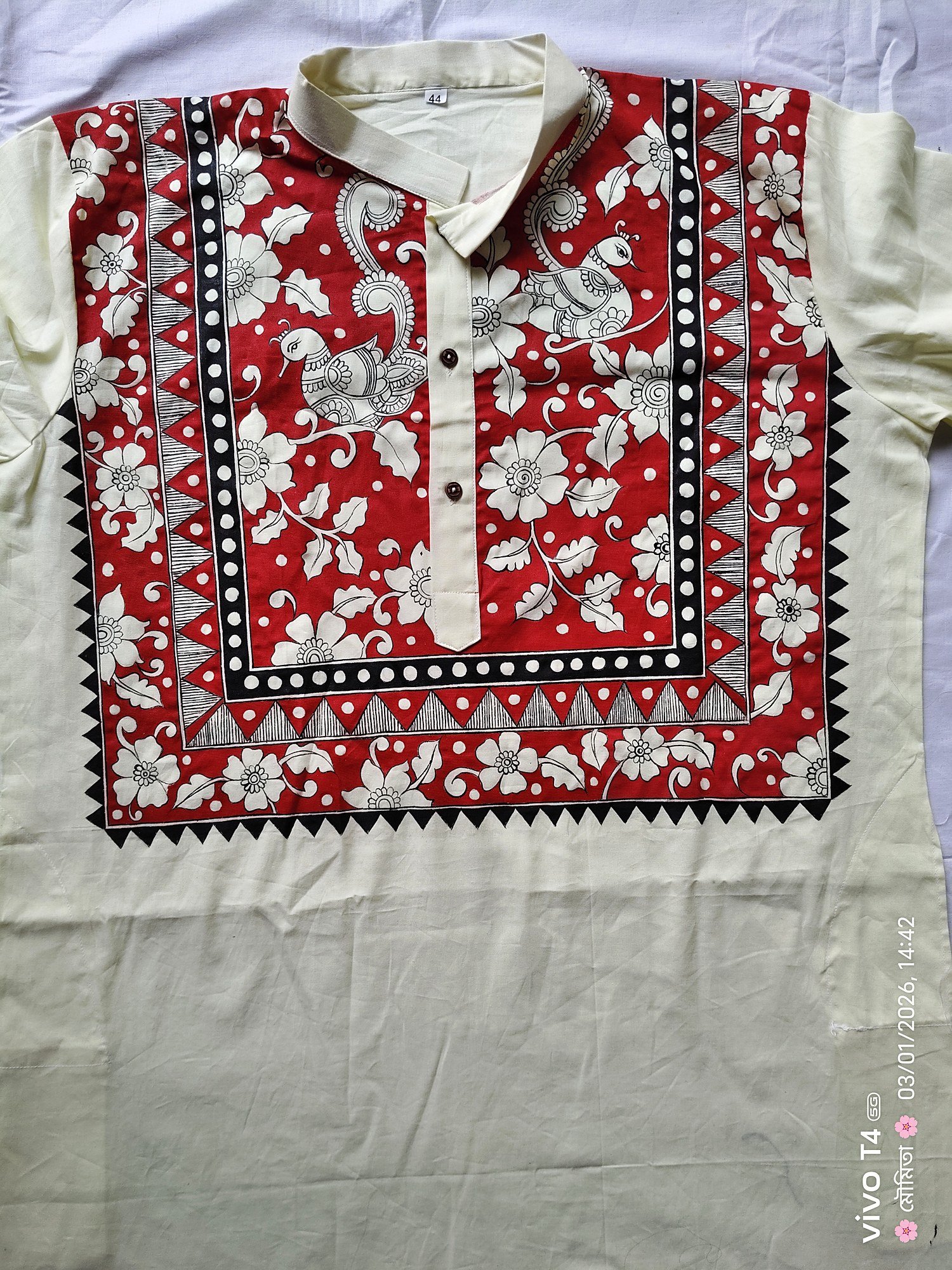 Cream Red Kalamkari Yoke Designed Punjabi
