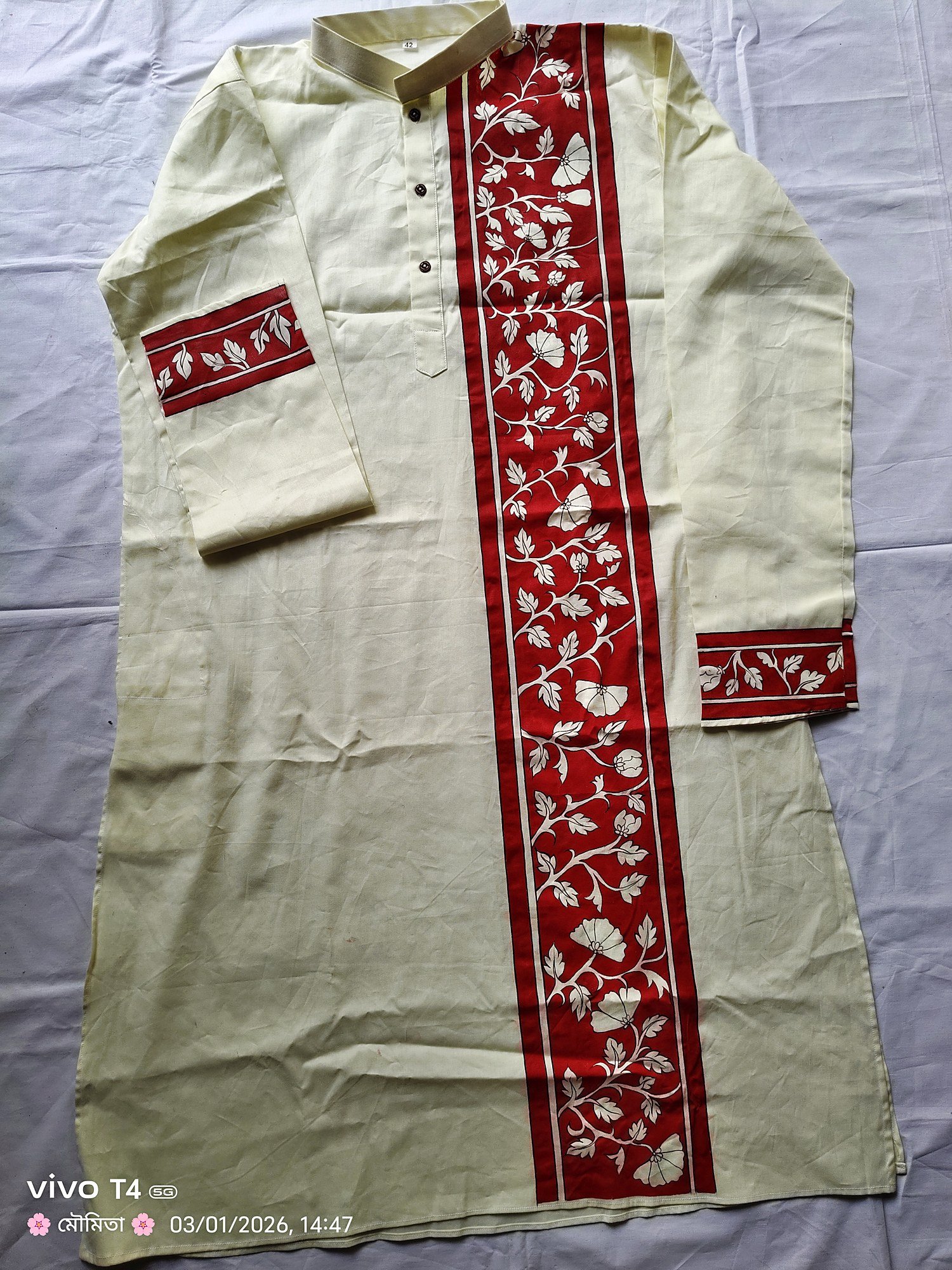 Ivory Red Kalamkari Band Designed Punjabi