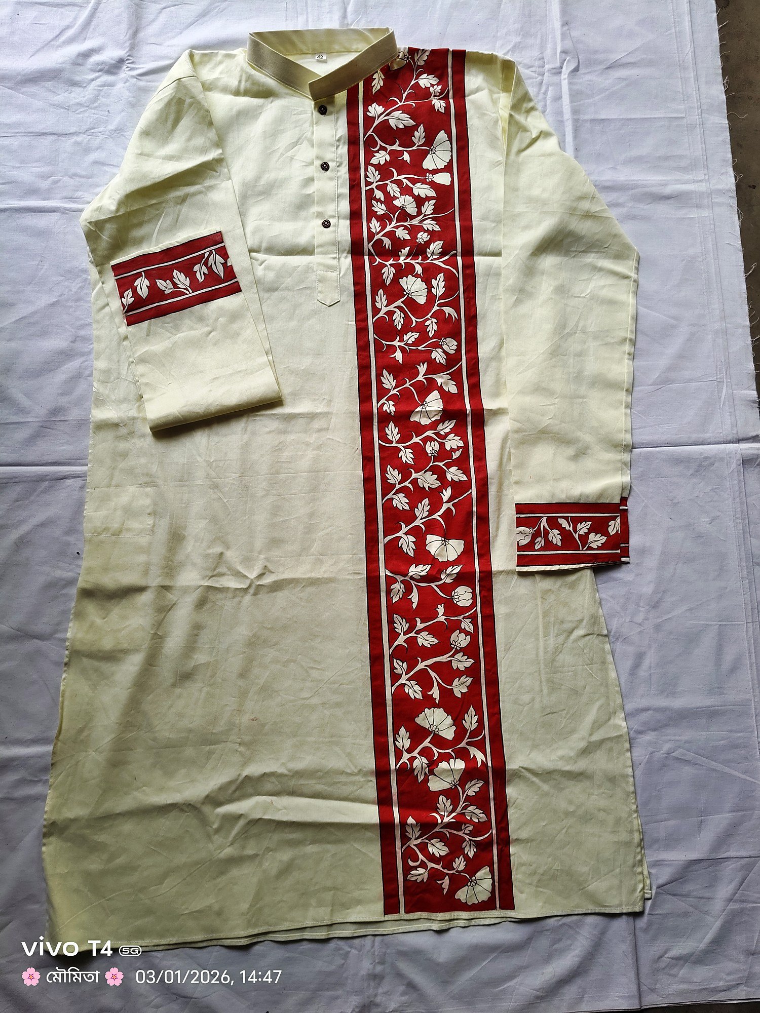 Ivory Red Kalamkari Band Designed Punjabi